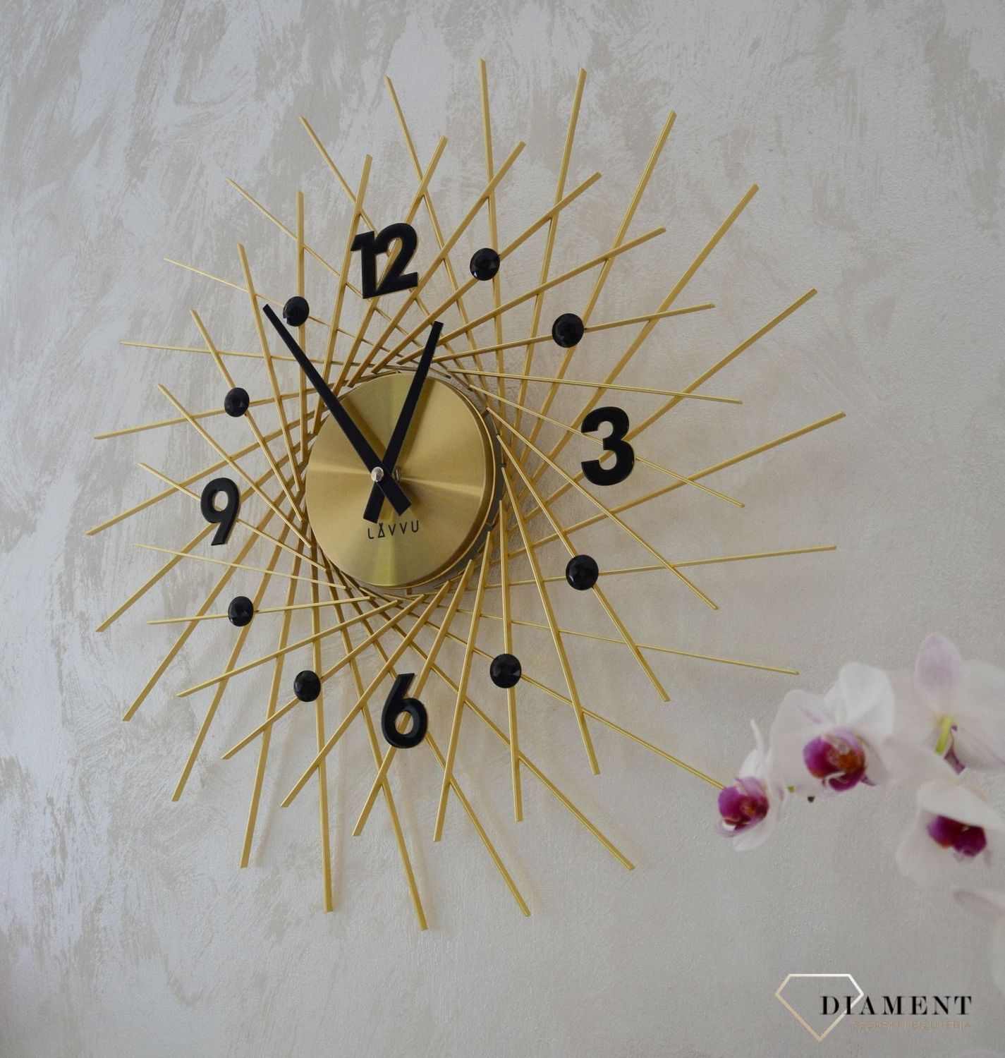 Zegar ścienny złoty z czarnymi detalami LAVVU CRYSTAL Lines LCT1053.jpg