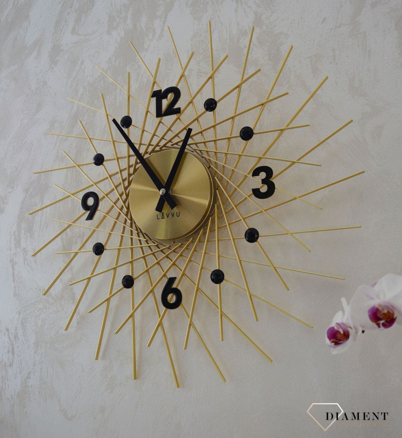 Zegar ścienny złoty z czarnymi detalami LAVVU CRYSTAL Lines LCT1053.jpg