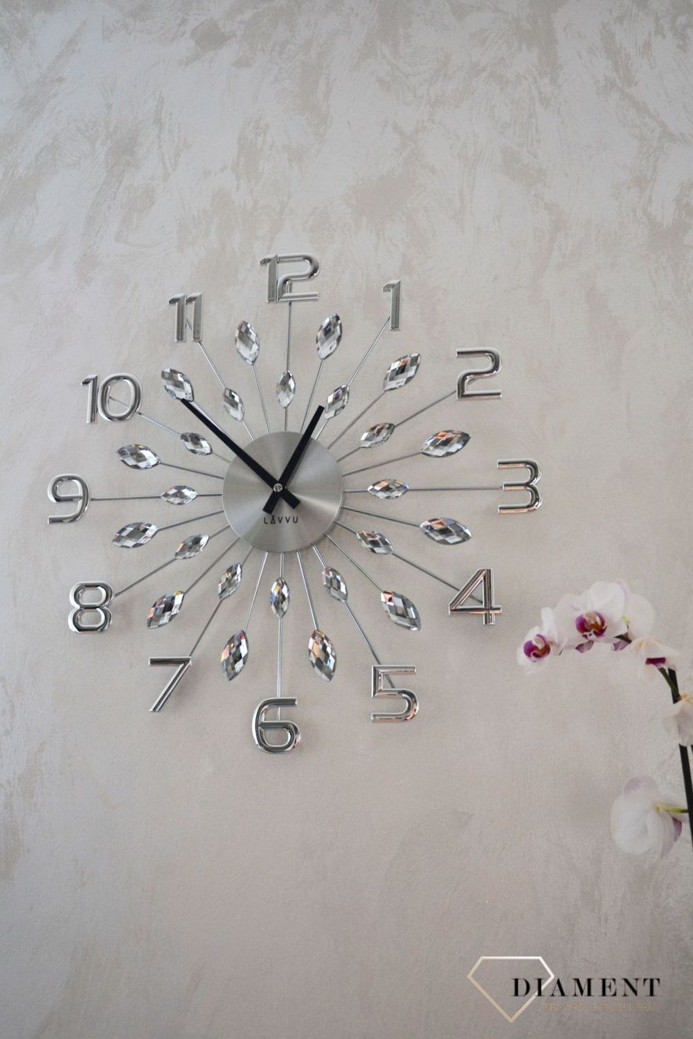 Zegar ścienny 49cm z kryształkami w kolorze srebrnym Cristal Lavvu LCT1190.jpg