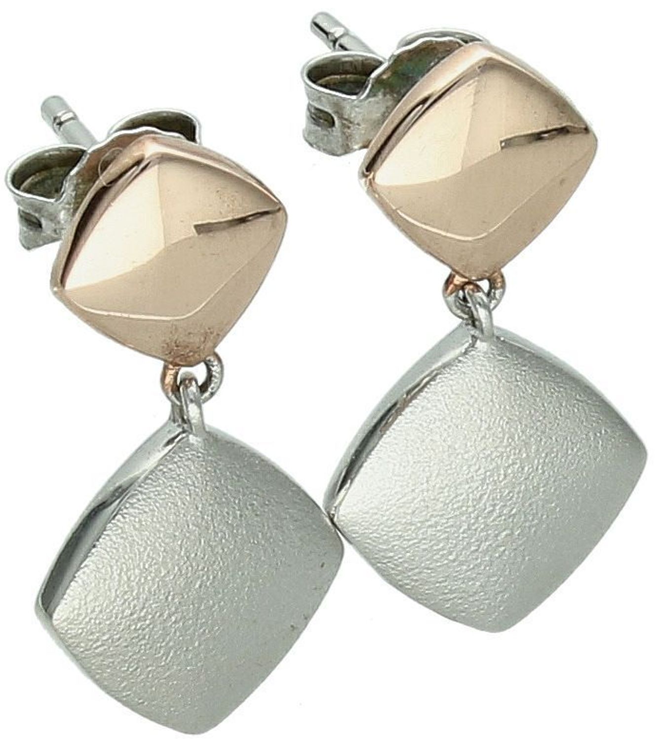 Srebrne kolczyki damskie próba 925, wiszące kwadraciki jeden pozłacany różowym złotem, drugi srebrny satynowy. Długość 2,0 cm, szerokość 1,0 cm, zapięcie na sztyft.1.jpg