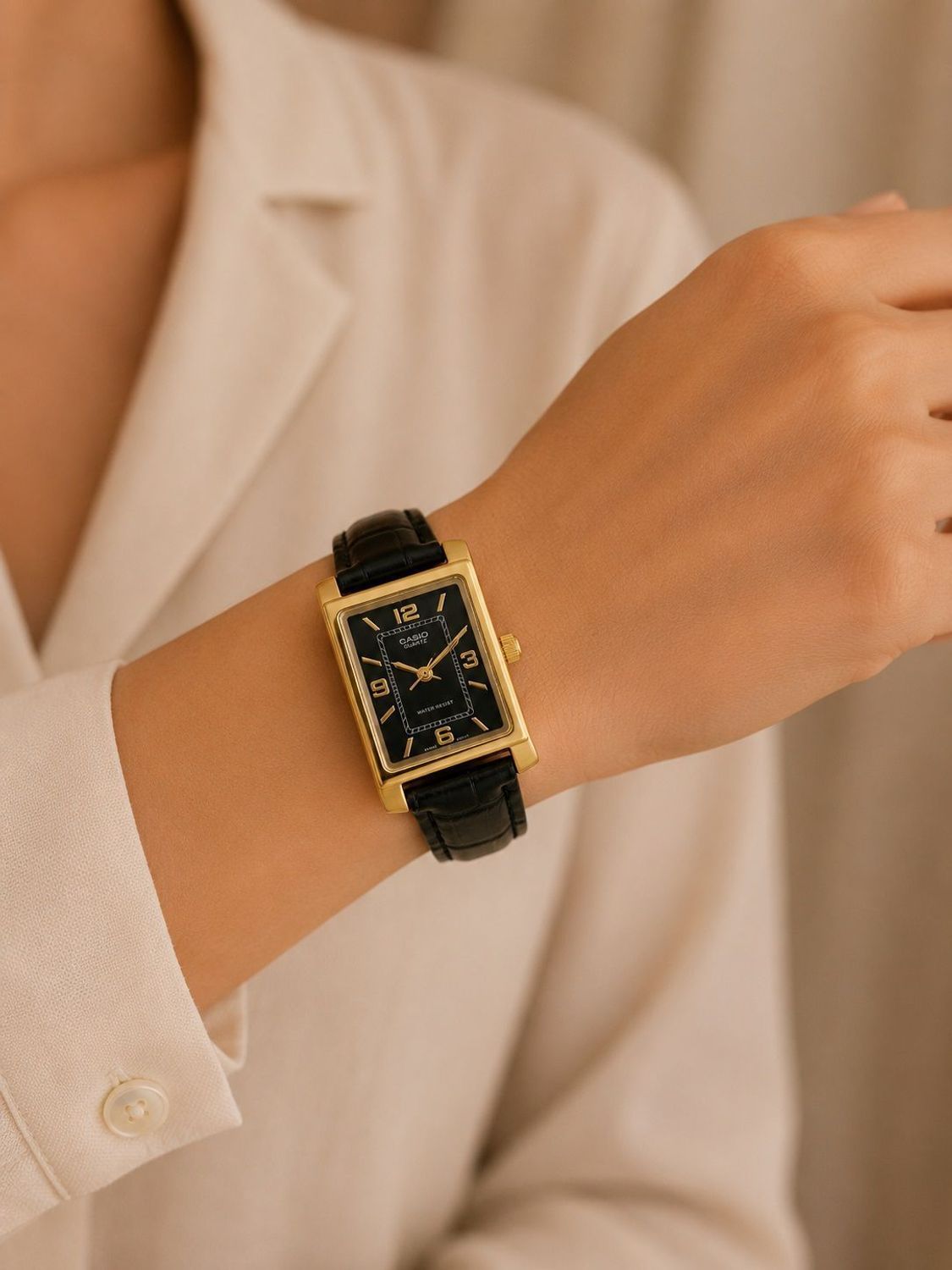 Zegarek Casio zegarek damski złoty czarna tarcza skórzany pasek 23 mms.jpg