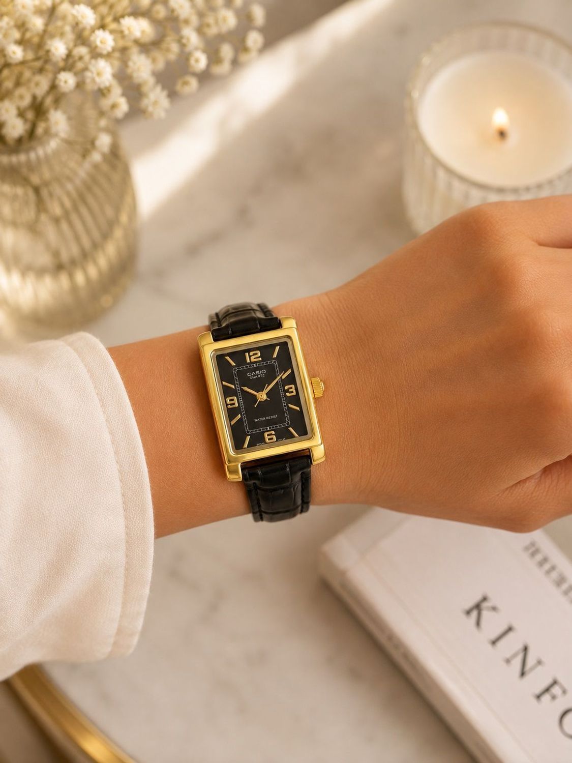 Zegarek Casio zegarek damski złoty czarna tarcza skórzany pasek 23 mms.jpg
