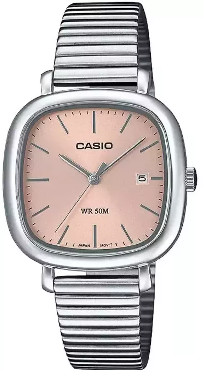 Stylowy zegarek damski Casio LTP-B166D-4AVEF – różowa tarcza, stalowa koperta i bransoleta, mechanizm kwarcowy, szkło mineralne, wodoszczelność 5 ATM. Elegancja i funkcjonalność na co dzień.1.webp