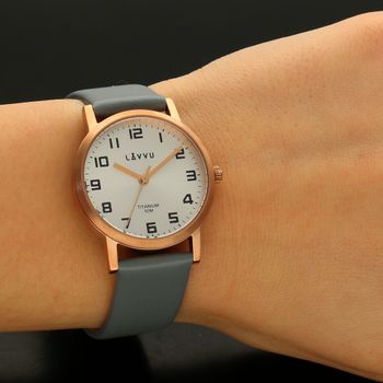 Zegarek damski Lavvu klasyczny w kolorze różowego złota na szarym pasku LWL5032.jpg