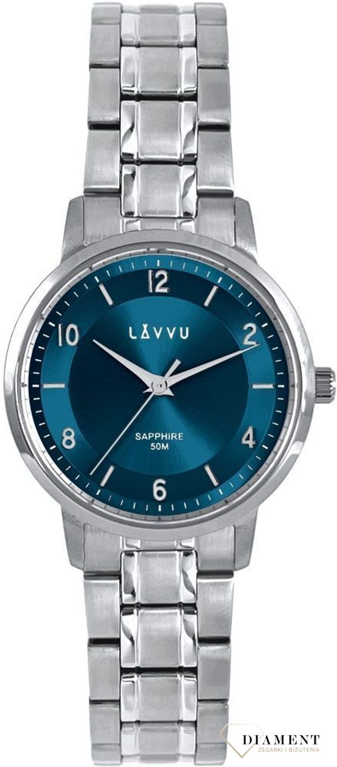 Zegarek damski stalowy Lavvu klasyczny na granatowej tarczy. Zegarek damski Lavvu klasyczny na stalowej bransolecie LWL5061 wyposażony jest w kwarcowy mechanizm, zasilany za pomocą baterii. Posiada bardzo wysoką dokład.jpg