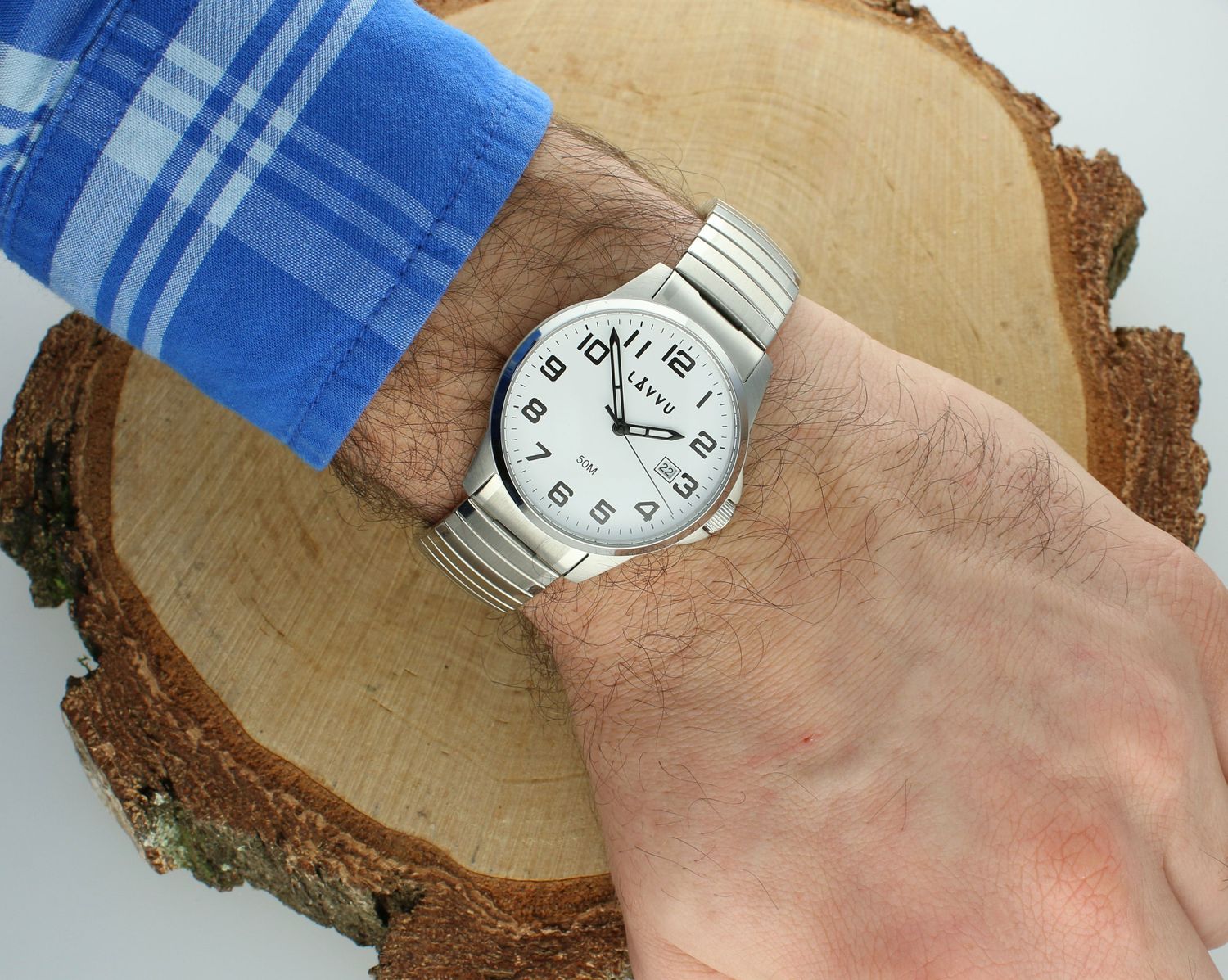 Zegarek męski Lavvu rozciągana, elastyczna bransoleta Stockholm LWM0020. Czytelny zegarek męski. Srebrny zegarek z cyferkami. Zegarek na naciąganej bransoletce dla mężczyzny. Zegarek na prezent..jpg