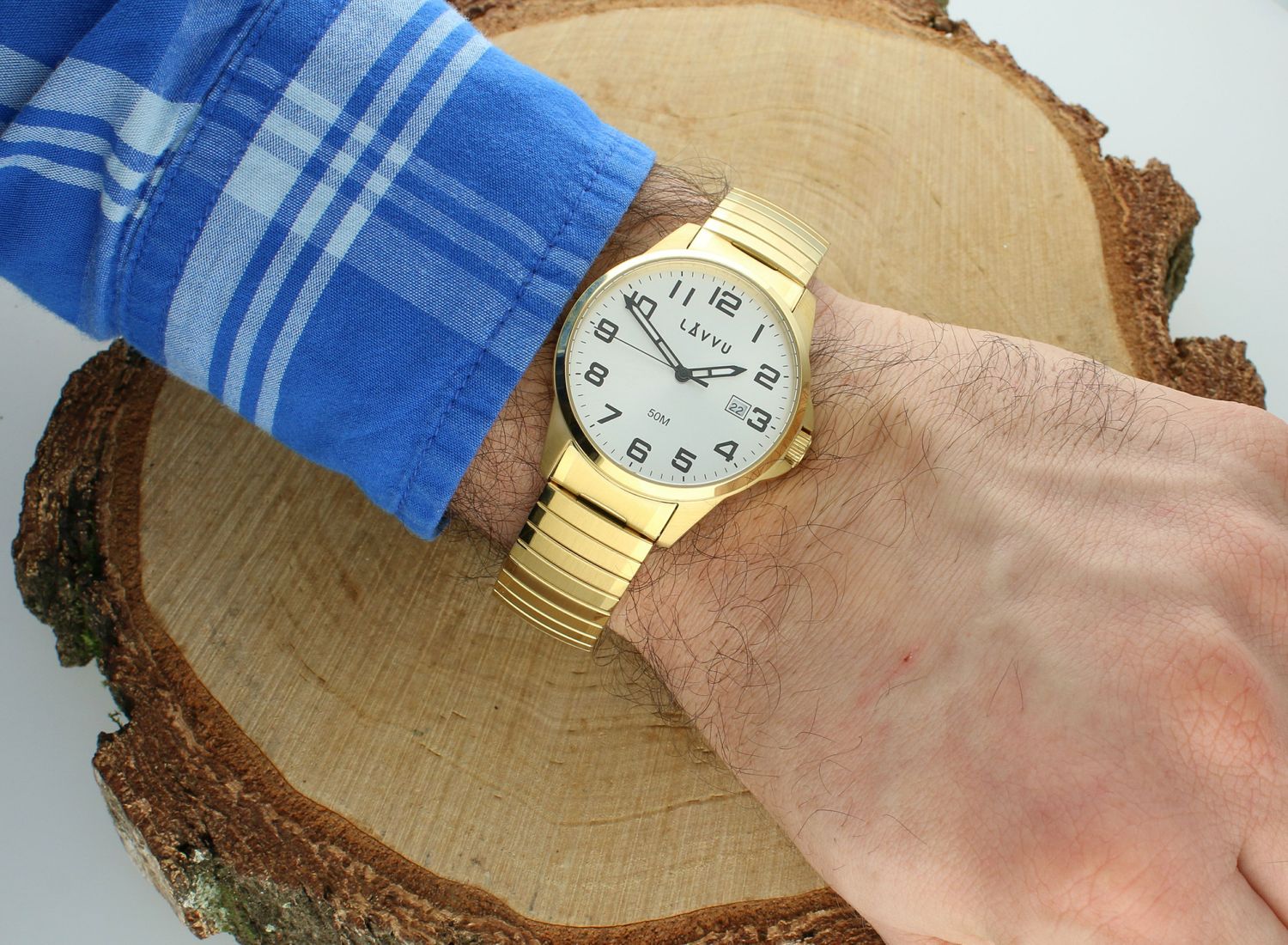 Zegarek męski Lavvu rozciągana, elastyczna złota bransoleta Stockholm LWM0025. Czytelny zegarek męski. Złoty zegarek z cyferkami. Zegarek na naciąganej bransoletce dla mężczyzny. Zegarek na prezent..jpg
