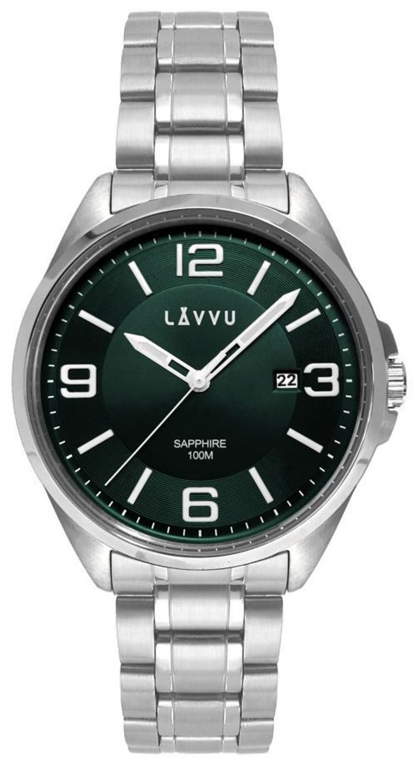 LAVVU HERNING Green – męski zegarek ze szafirowym szkłem, stalową kopertą i bransoletą w zielono-srebrnym wykończeniu. Elegancki, sportowy, wodoodporny 10 ATM, z datownikiem.1.jpg