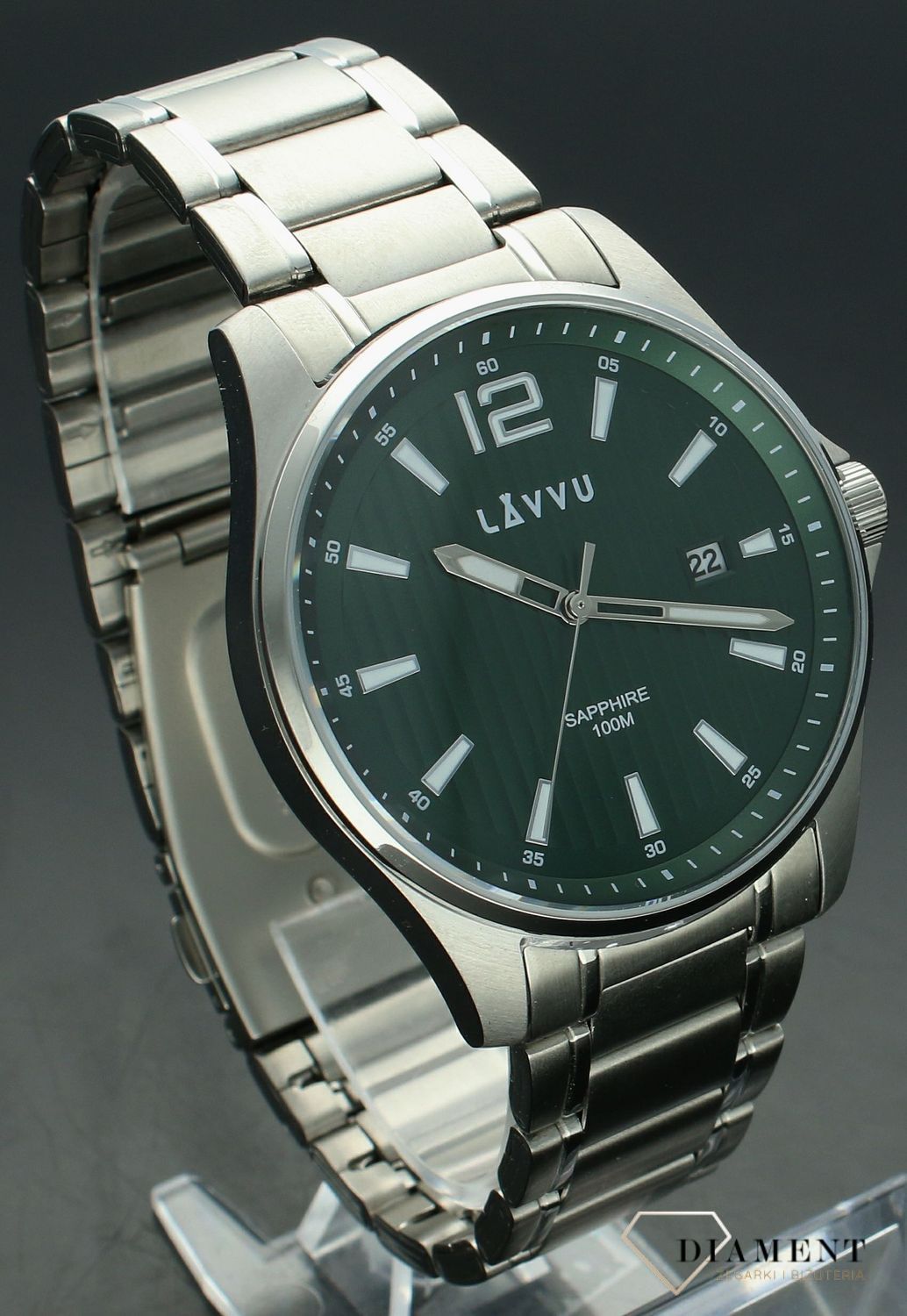 Zegarek męski ze szkłem szafirowym LAVVU NORDKAPP LWM0167. Szafirowe szkło, stalowa bransoleta oraz zielona tarcz to modne połączenie pasujące do każdego mężczyzny. Zegarek z zieloną tarczą. .jpg