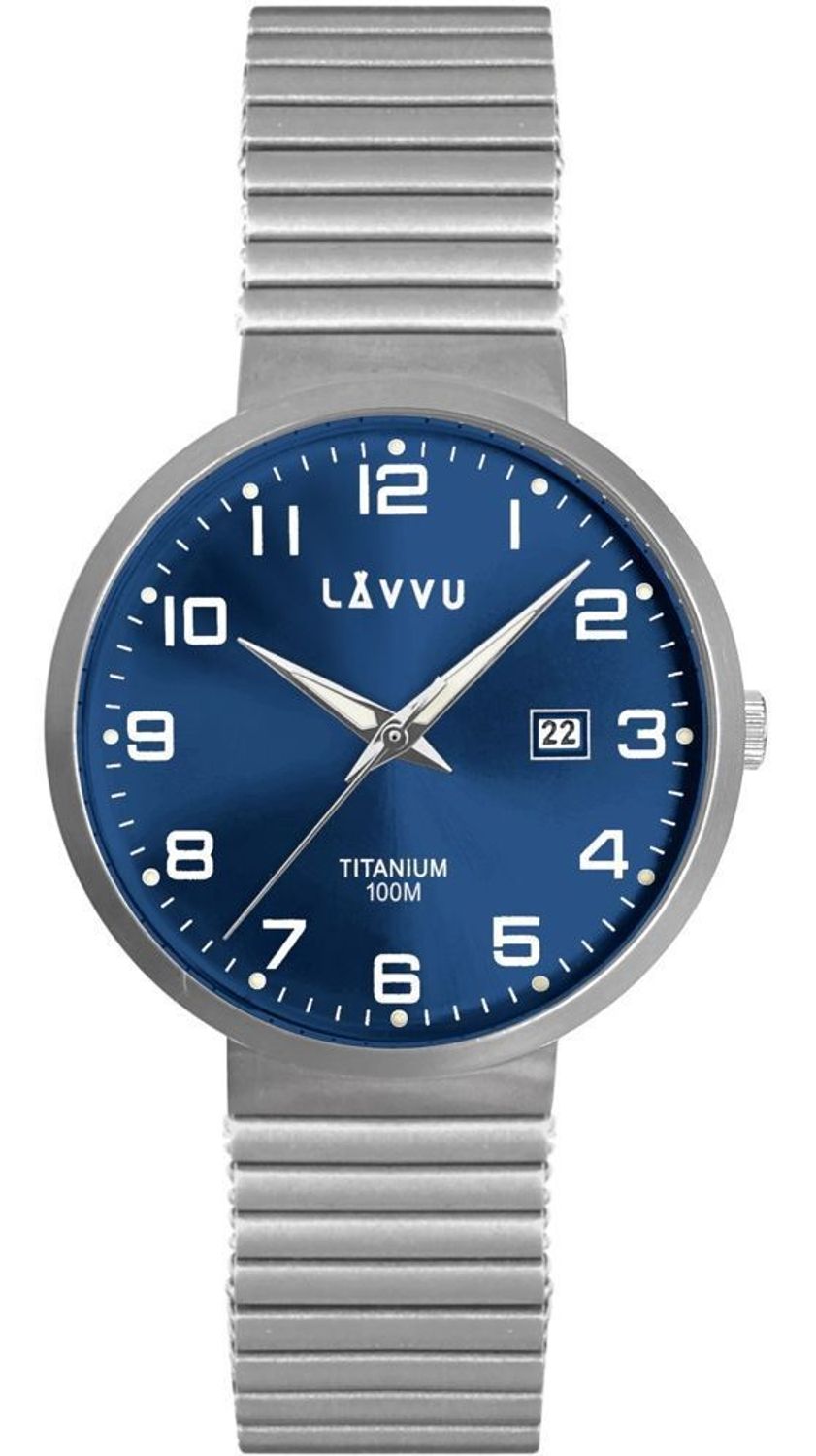 LAVVU LUNDEN Blue Titanium – lekki, hipoalergiczny zegarek męski z tytanu. Wodoszczelność 100M, rozciągana bransoleta bez zapięcia, wskaźnik daty i hartowane szkło mineralne. 1.jpg