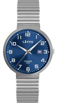 LAVVU LUNDEN Blue Titanium – lekki, hipoalergiczny zegarek męski z tytanu. Wodoszczelność 100M, rozciągana bransoleta bez zapięcia, wskaźnik daty i hartowane szkło mineralne. 1.jpg