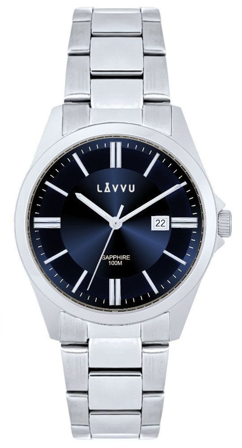 LAVVU HALLAND Blue – męski zegarek ze szafirowym szkłem, stalową kopertą i bransoletą w srebrno-niebieskim wykończeniu. Elegancki, sportowy, wodoodporny 10 ATM, z datownikiem.1.jpg
