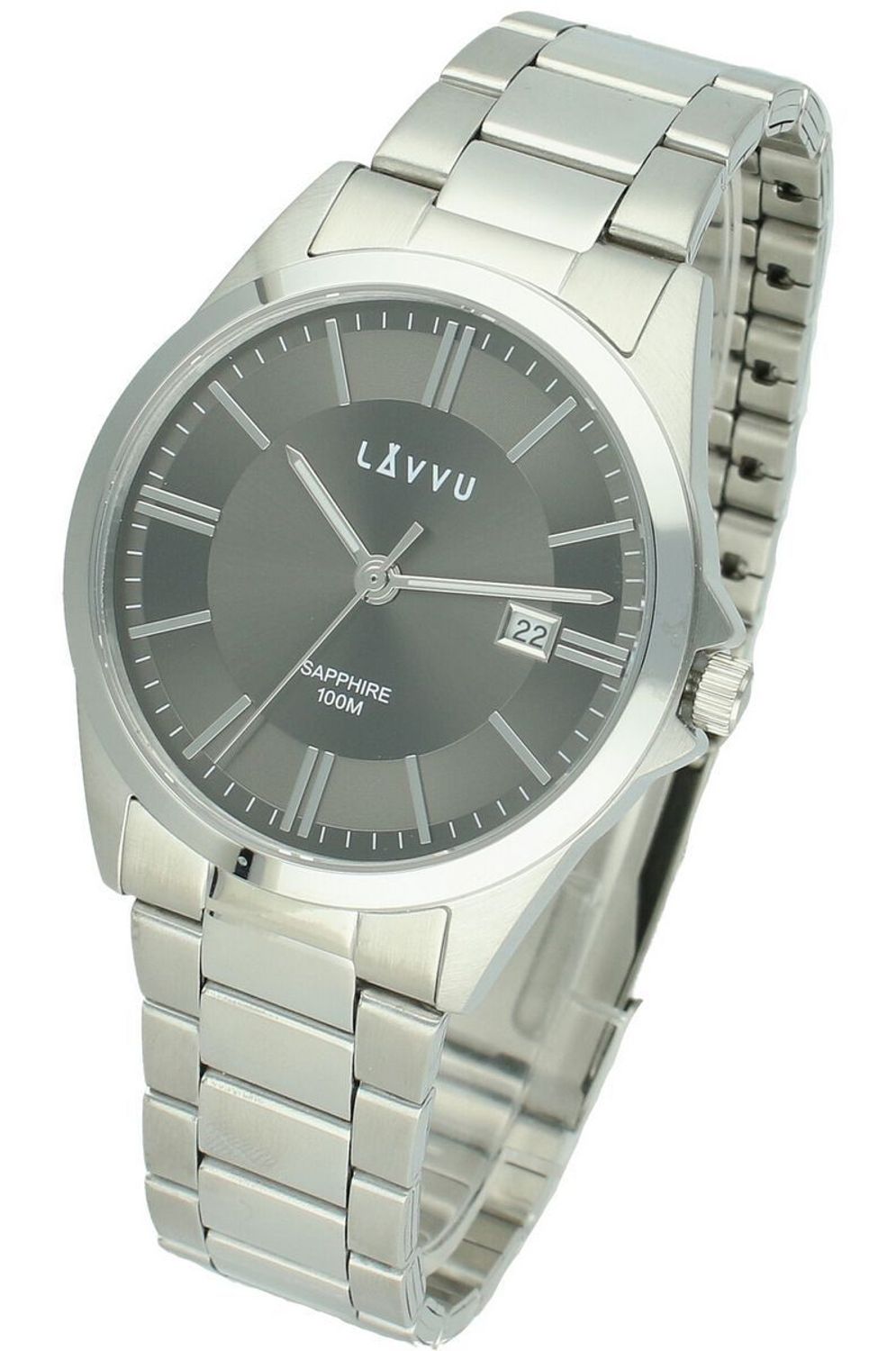 LAVVU HALLAND Dark Grey – męski zegarek ze szafirowym szkłem, stalową kopertą i bransoletą w szaro-srebrnym wykończeniu. Elegancki, sportowy, wodoodporny 10 ATM, 22.jpg