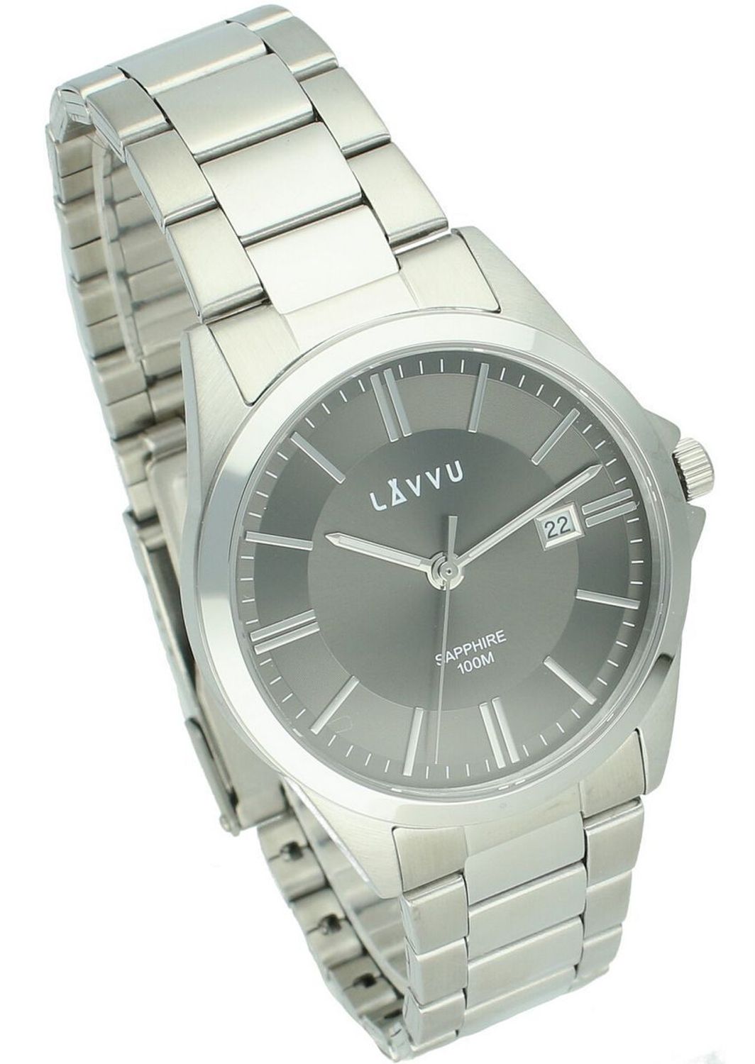 LAVVU HALLAND Dark Grey – męski zegarek ze szafirowym szkłem, stalową kopertą i bransoletą w szaro-srebrnym wykończeniu. Elegancki, sportowy, wodoodporny 10 ATM, 22.jpg