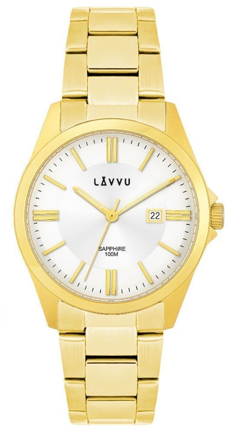 LAVVU HALLAND Gold – męski zegarek ze szafirowym szkłem, stalową kopertą i bransoletą w srebrno-złotym wykończeniu. Elegancki, sportowy, wodoodporny 10 ATM, z datownikiem.1.jpg