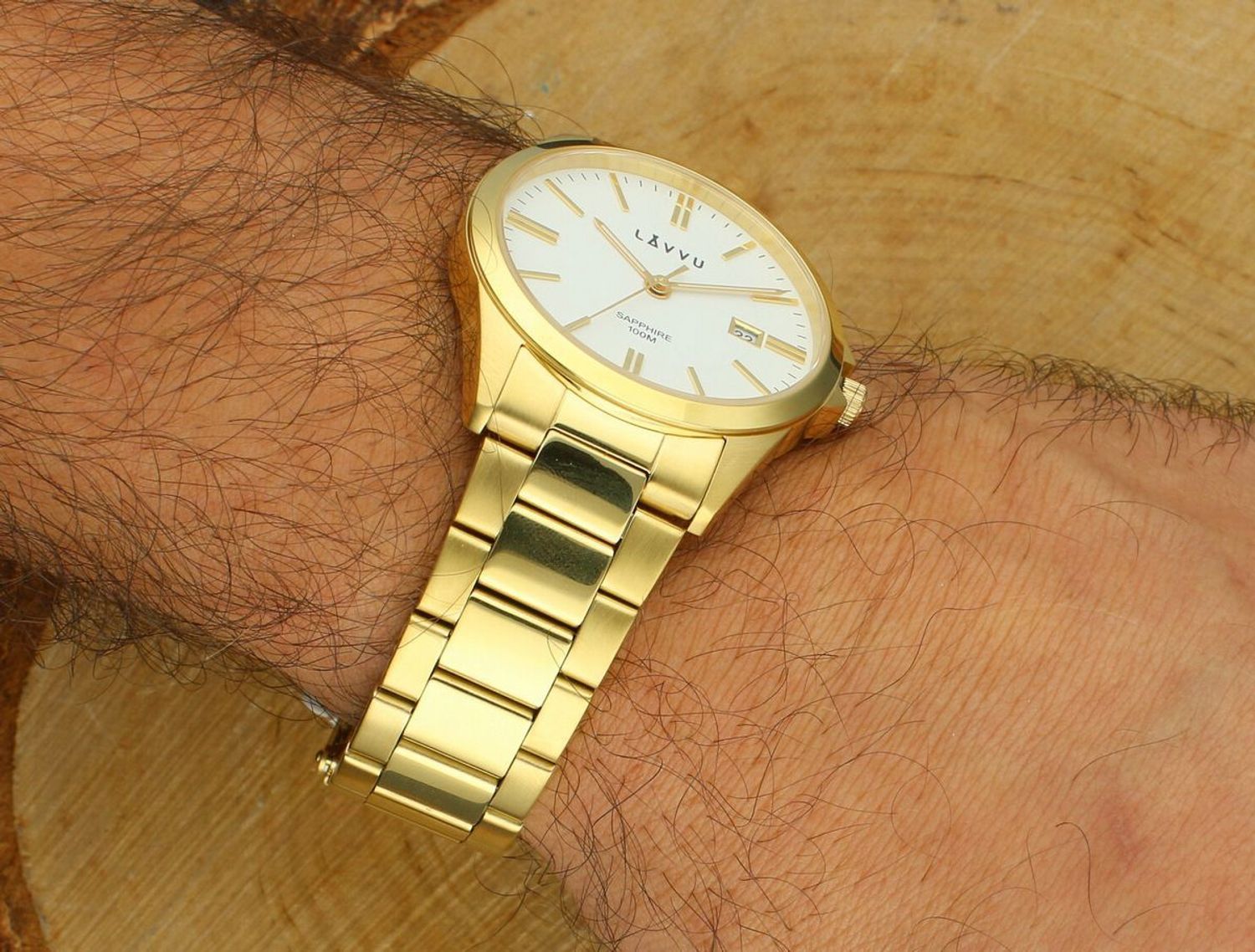 LAVVU HALLAND Gold – męski zegarek ze szafirowym szkłem, stalową kopertą i bransoletą w srebrno-złotym wykończeniu. Elegancki, sportowy, wodoodporny 10 ATM, z datownikiem.1.jpg