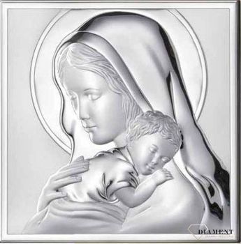 Piękny,obrazek srebrny z wizerunkiem Matki Boskiej z dzieciątkiem w formie kwadratu. Idealny dodatek do prezentu na ślub, rocznice, chrzest.111.jpg