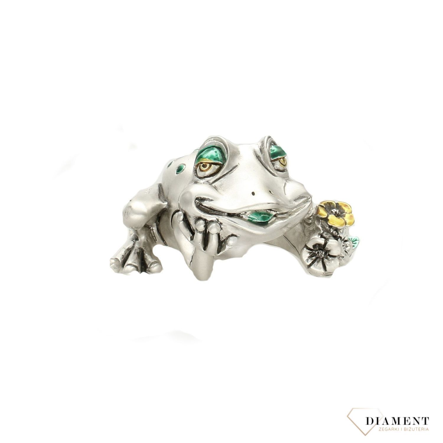 Dekoracyjna, posrebrzana figurka żabka ze stokrotkami..jpg