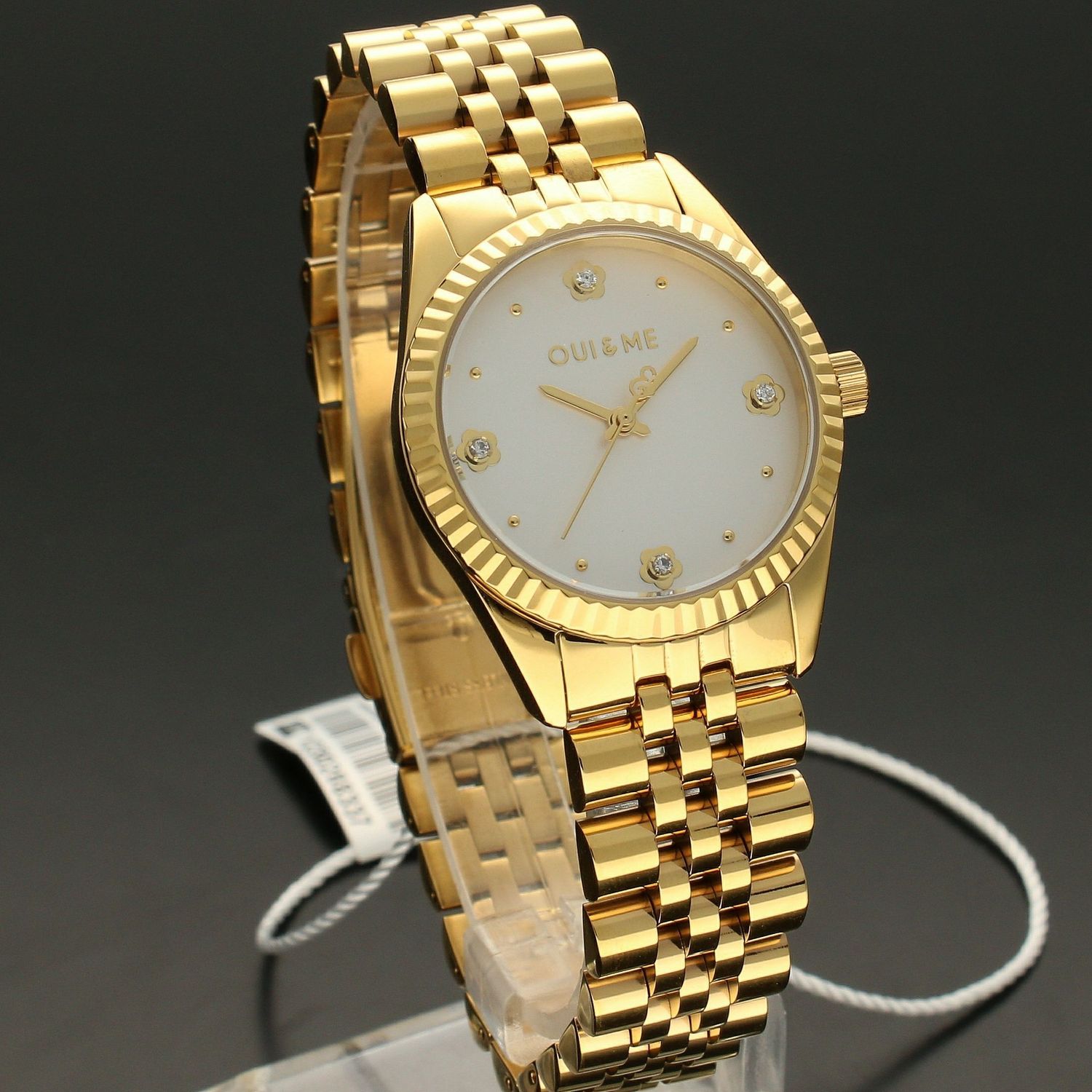 Zegarek damski złoty na bransolecie ze srebrną tarczą i kwiatkami w miejscu godzin. Ekologiczne diamenty w zegarku. Doskonały pomysł na 🎁  (2).jpg