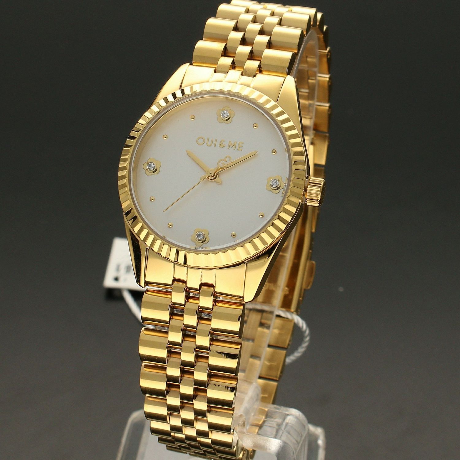 Zegarek damski złoty na bransolecie ze srebrną tarczą i kwiatkami w miejscu godzin. Ekologiczne diamenty w zegarku. Doskonały pomysł na 🎁  (2).jpg