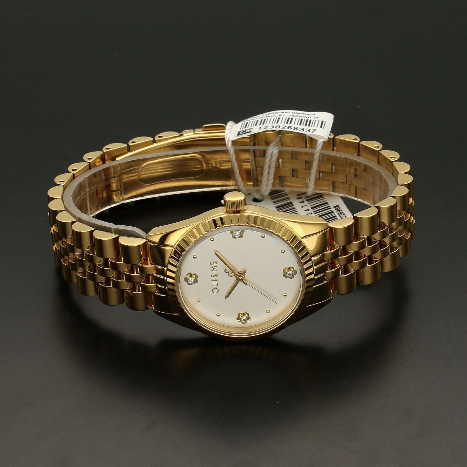 Zegarek damski złoty na bransolecie ze srebrną tarczą i kwiatkami w miejscu godzin. Ekologiczne diamenty w zegarku. Doskonały pomysł na 🎁  (2).jpg