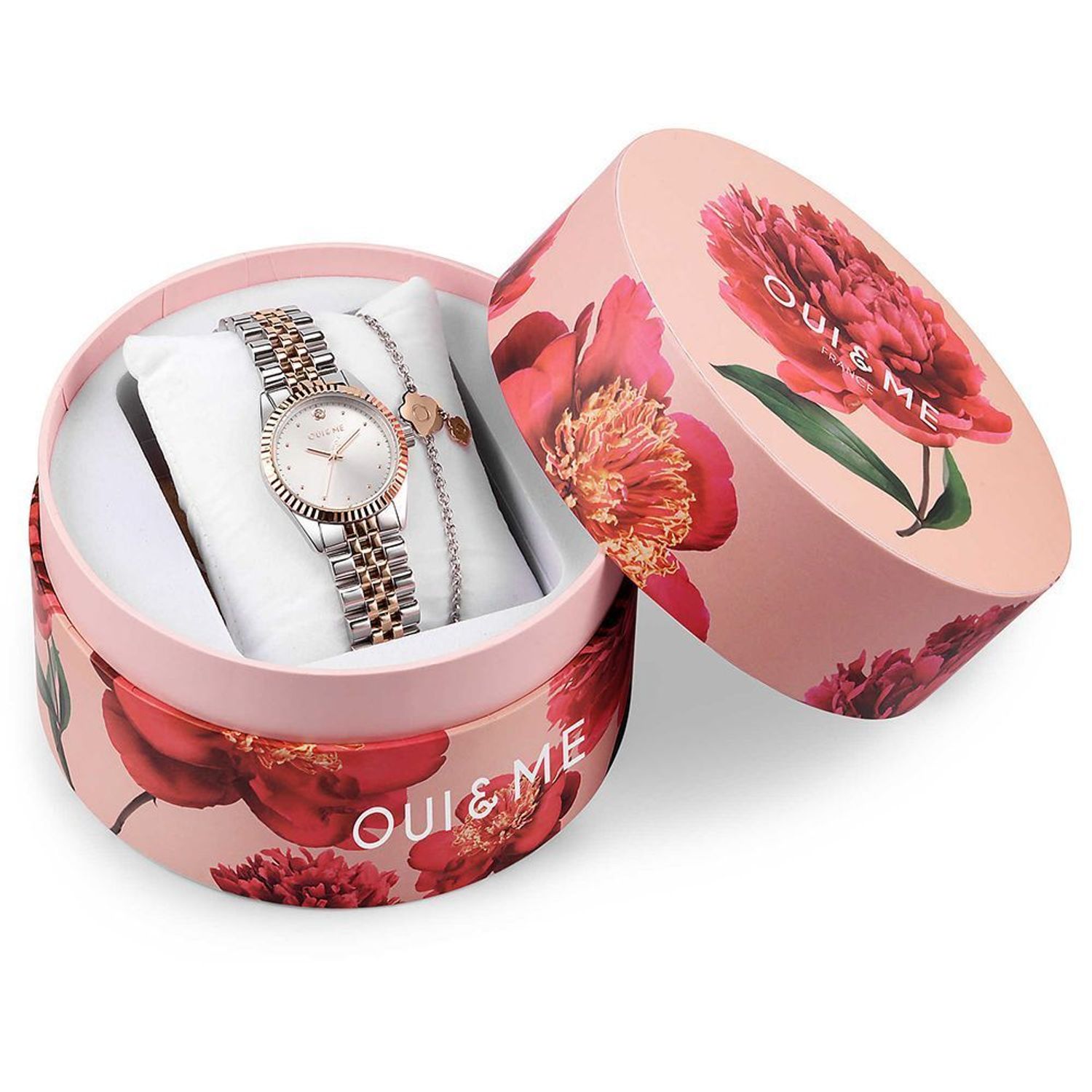 Zegarek damski na bransolecie w kolorze srebra i różowego złota Oui&Me zestaw prezentowy z bransoletką z koniczynkami  ME010280..jpg