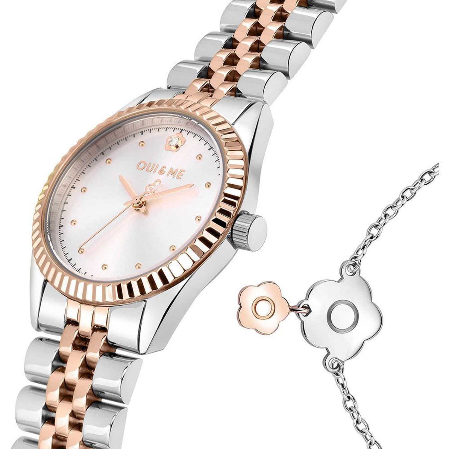 Zegarek damski na bransolecie w kolorze srebra i różowego złota Oui&Me zestaw prezentowy z bransoletką z koniczynkami  ME010280..jpg