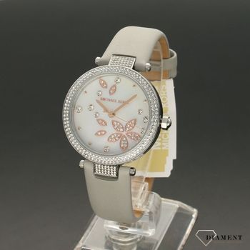 Zegarek damski z pięknym szarym paskiem. Tarcza zegarka została ozdobiona, modnym kwiecistym wzorem. Idealny pomysł na prezent dla ukochanej kobiety.  (2).jpg