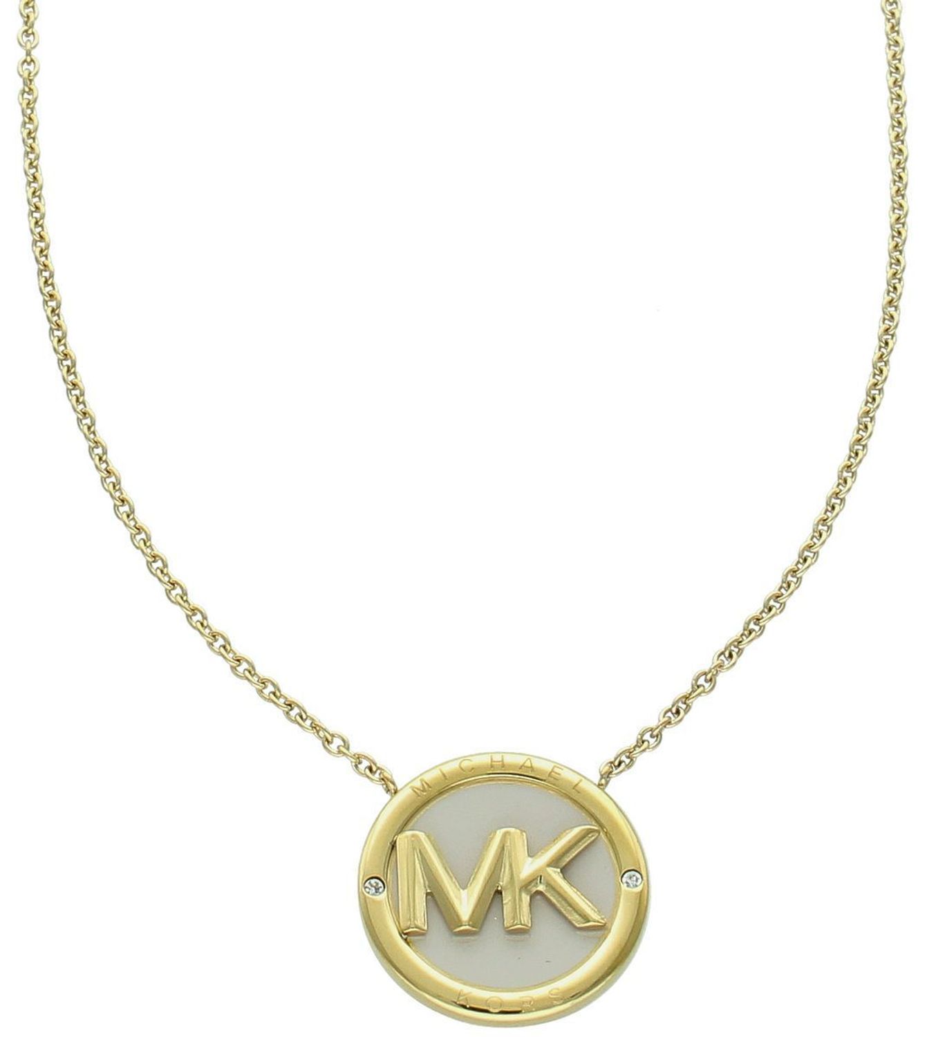 Złoty damski naszyjnik Michael Kors MKJ8043710 ze stali szlachetnej. Łańcuszek typu ankier z okrągłą logowaną zawieszką, długość 45 cm z regulacją. Elegancki i modny dodatek.1.jpg