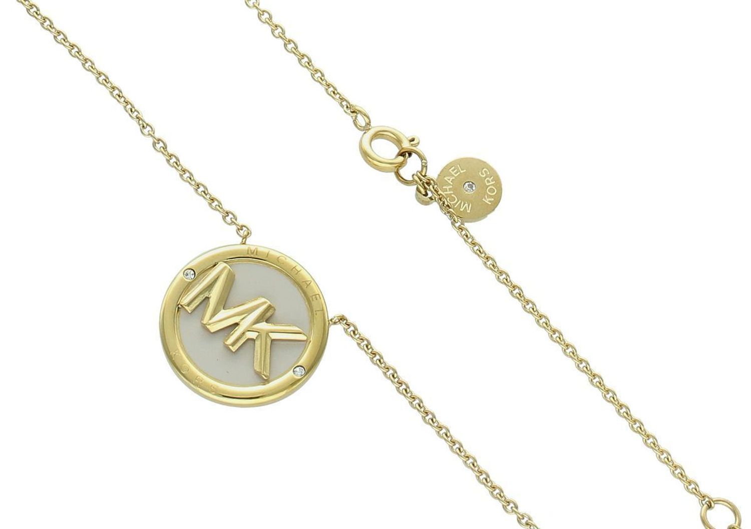 Złoty damski naszyjnik Michael Kors MKJ8043710 ze stali szlachetnej. Łańcuszek typu ankier z okrągłą logowaną zawieszką, długość 45 cm z regulacją. Elegancki i modny dodatek.1.jpg