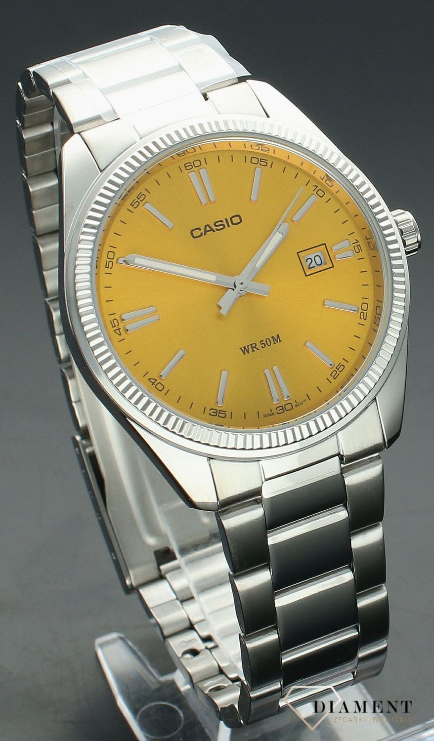 Zegarek męski Casio Timeless Collection żółty MTP-1302PD-9AVEF. Klasyczny zegarek srebrny Casio z kolorową tarczą. Zegarek z żółtą tarczą. Zegarek Casio na prezent. Zegarek dla mężczyzny z żółtą tarczą..jpg