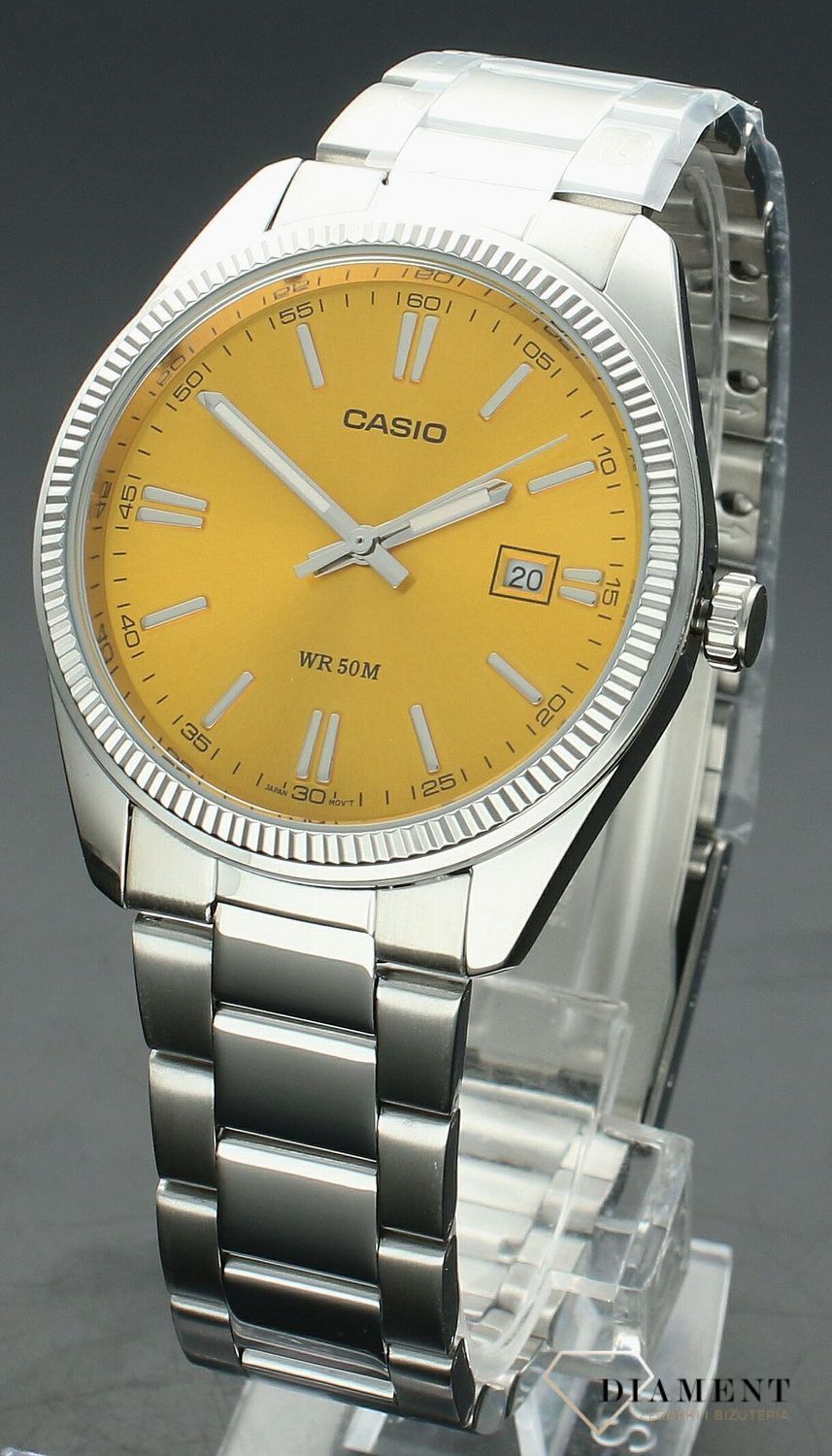 Zegarek męski Casio Timeless Collection żółty MTP-1302PD-9AVEF. Klasyczny zegarek srebrny Casio z kolorową tarczą. Zegarek z żółtą tarczą. Zegarek Casio na prezent. Zegarek dla mężczyzny z żółtą tarczą..jpg
