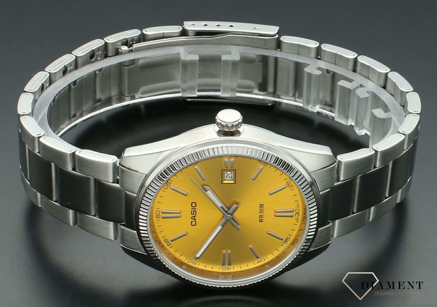 Zegarek męski Casio Timeless Collection żółty MTP-1302PD-9AVEF. Klasyczny zegarek srebrny Casio z kolorową tarczą. Zegarek z żółtą tarczą. Zegarek Casio na prezent. Zegarek dla mężczyzny z żółtą tarczą..jpg