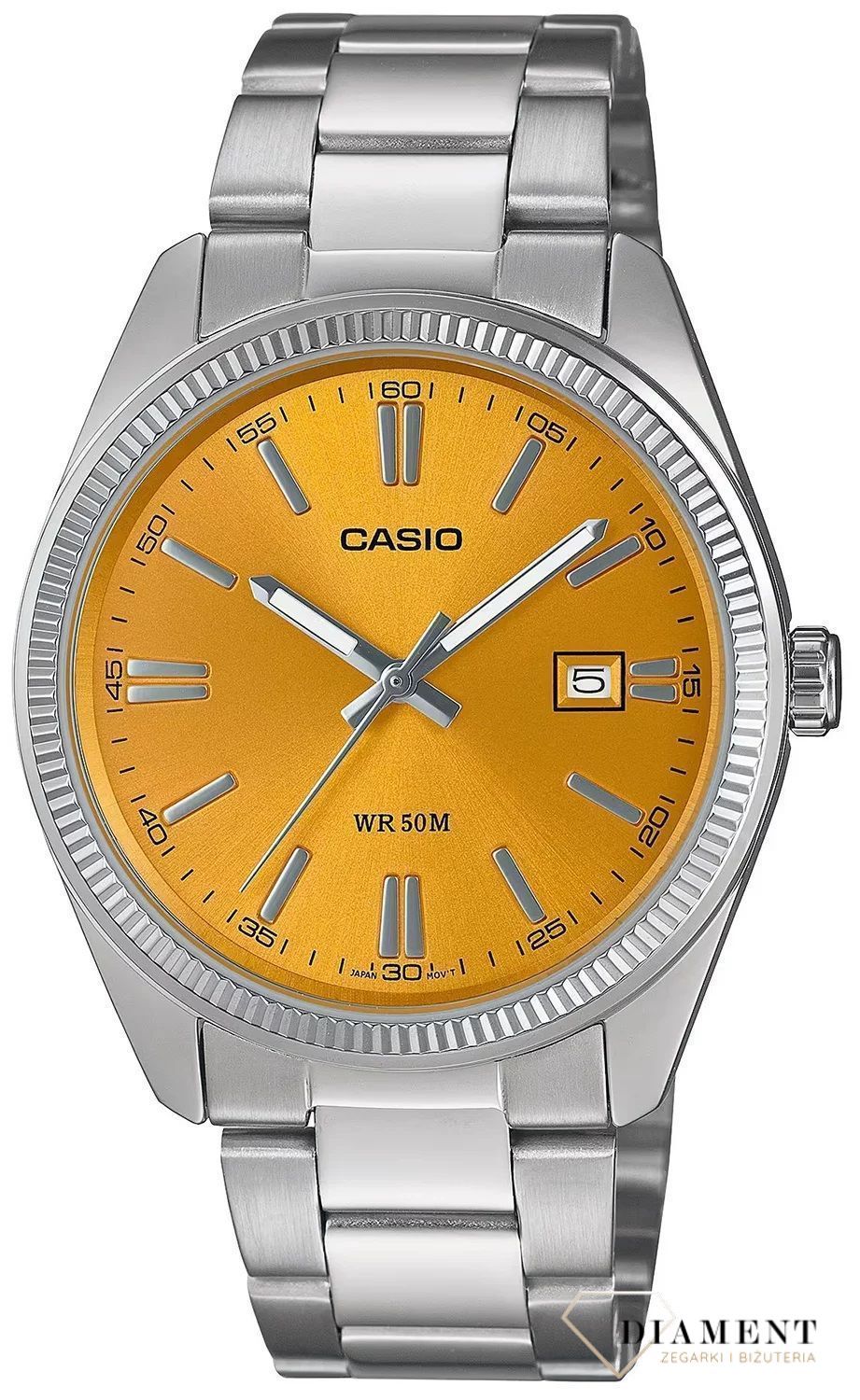 Zegarek męski Casio Timeless Collection żółty MTP-1302PD-9AVEF. Klasyczny zegarek srebrny Casio z kolorową tarczą. Zegarek z żółtą tarczą. Zegarek Casio na prezent. Zegarek dla mężczyzny z żółtą tarczą..jpg