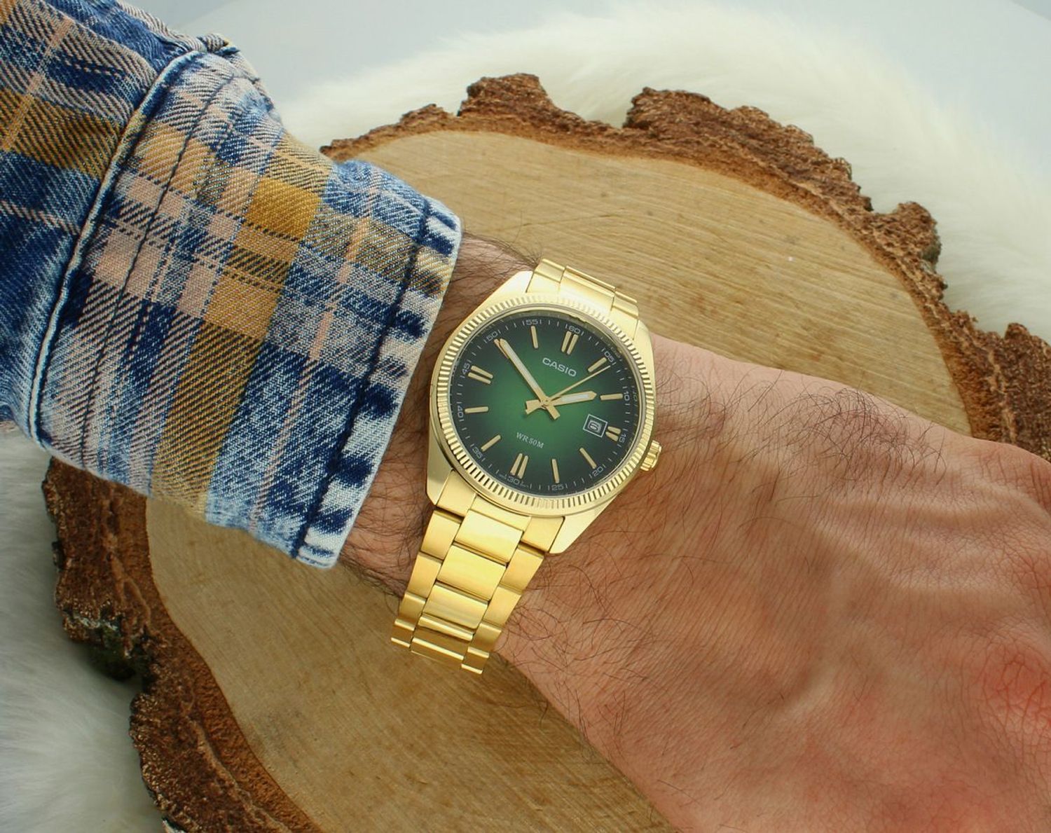 Zegarek męski Casio MTP-1302PGC-3AVEF złoty, zielona tarcza, kwarcowy.jpg