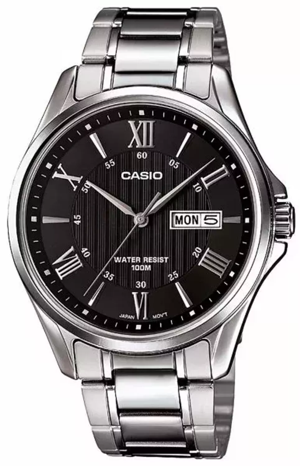 Zegarek męski Casio Classic MTP-1384D-1AVEF  klasyczna srebrna bransoleta, czarna tarcza. Zegarek posiada rzymskie cyfry w kolorze srebrnym oraz w srebrnym kolorze wskazówki..webp