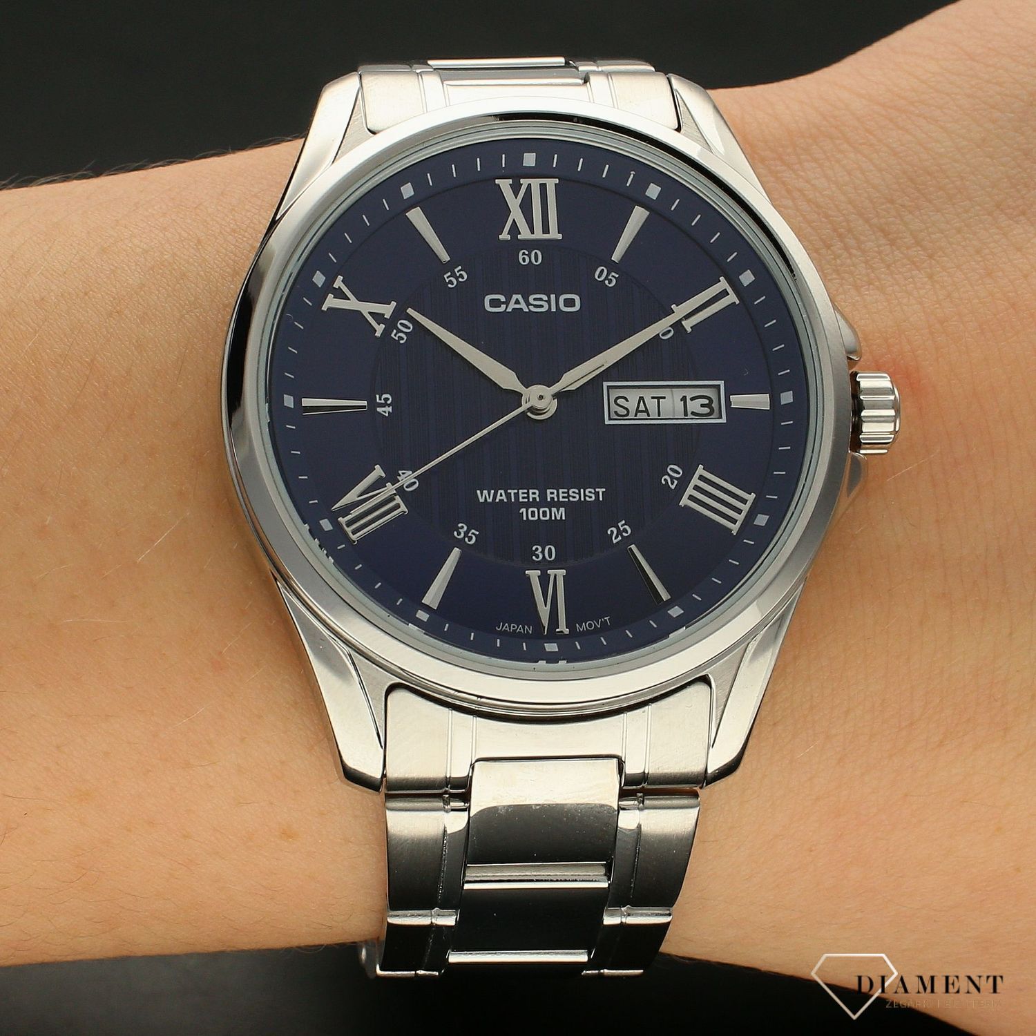 Zegarek męski Casio Classic MTP-1384D-7A2VEF klasyczna srebrna bransoleta, niebieska tarcza..webp