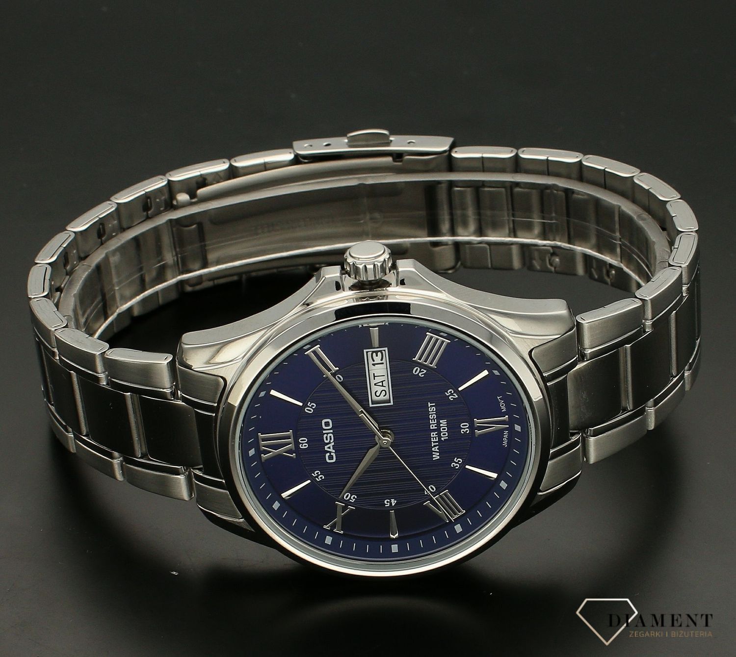 Zegarek męski Casio Classic MTP-1384D-7A2VEF klasyczna srebrna bransoleta, niebieska tarcza..webp