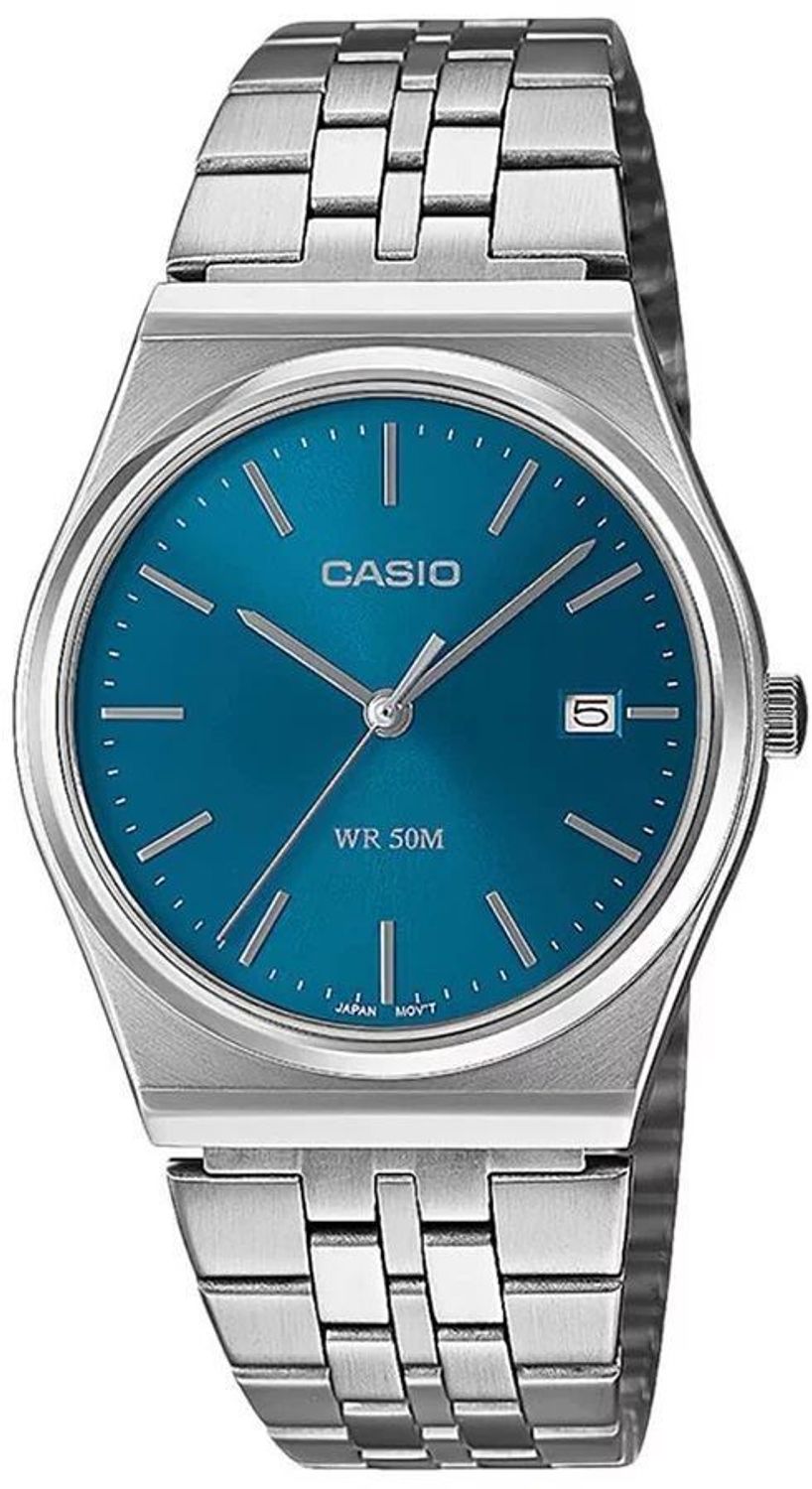 Zegarek Casio na srebrnej bransolecie MTP-B145D-2A2VEF tarcza w morskim kolorze.jpg