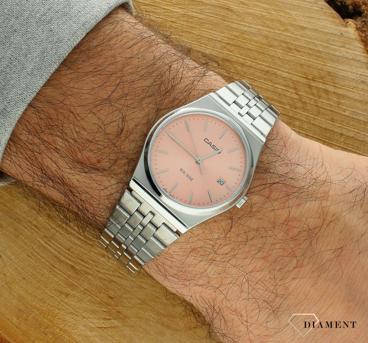 Zegarek Casio na srebrnej bransolecie MTP-B145D-4AVEF tarcza w kolorze różowego złota.jpg