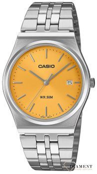 Zegarek Casio na srebrnej bransolecie MTP-B145D-9AVEF żółty. Zegarek casio unisex. Zegarki dla pary. Klasyczny zegarek srebrny Casio z kolorową tarczą. Zegarek z żółtą tarczą. Zegarek Casio na prezent..jpg