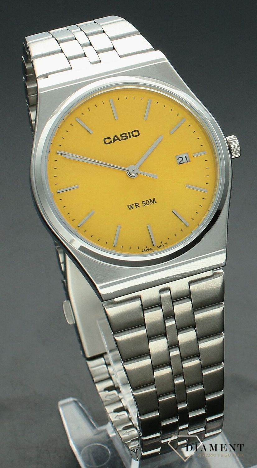 Zegarek Casio na srebrnej bransolecie MTP-B145D-9AVEF żółty. Zegarek casio unisex. Zegarki dla pary. Klasyczny zegarek srebrny Casio z kolorową tarczą. Zegarek z żółtą tarczą. Zegarek Casio na prezent..jpg