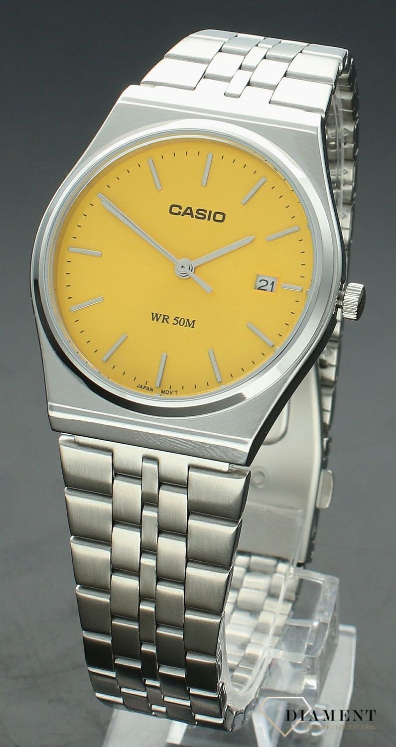 Zegarek Casio na srebrnej bransolecie MTP-B145D-9AVEF żółty. Zegarek casio unisex. Zegarki dla pary. Klasyczny zegarek srebrny Casio z kolorową tarczą. Zegarek z żółtą tarczą. Zegarek Casio na prezent..jpg