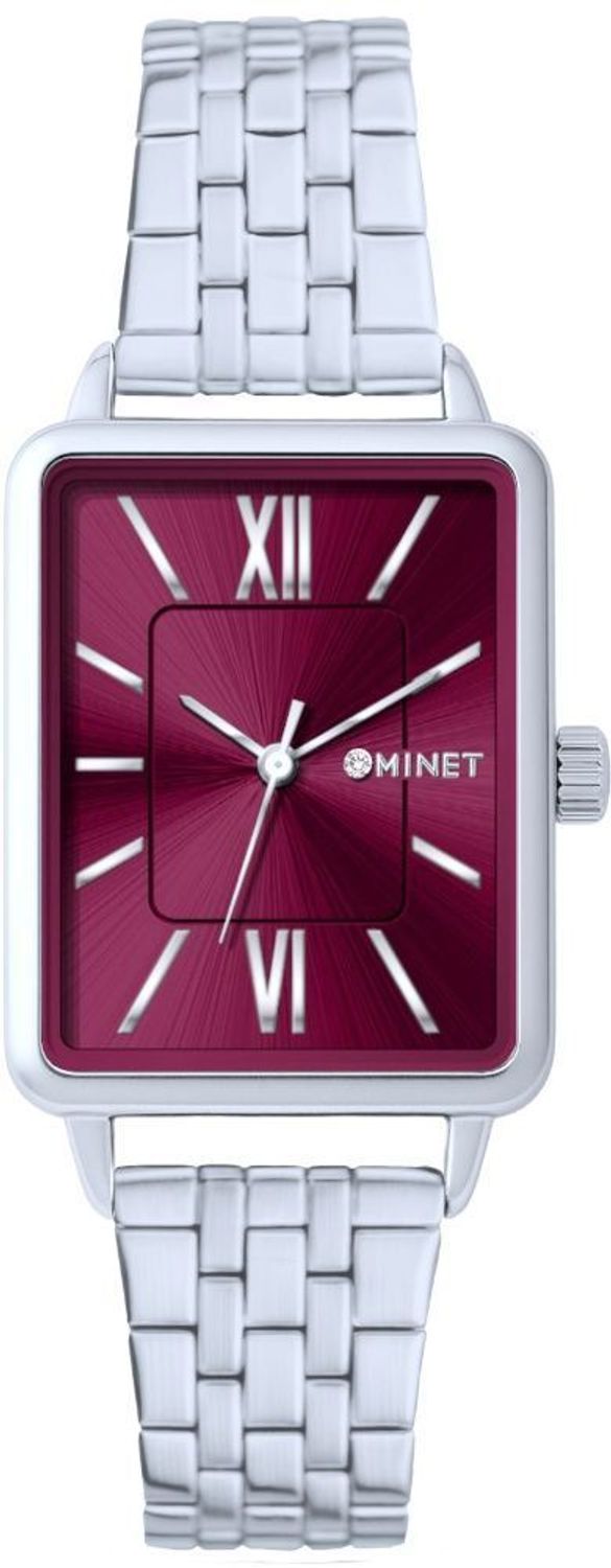 MINET Siena MWL5401 to elegancki damski zegarek z kwadratową kopertą i stalową bransoletą 14 mm. Kolor srebrny i bordeaux, Czech Crystal, mechanizm Citizen Miyota Slim GL34, sekundnik oraz wodoszczelność 5 ATM. W zestawie.jpg