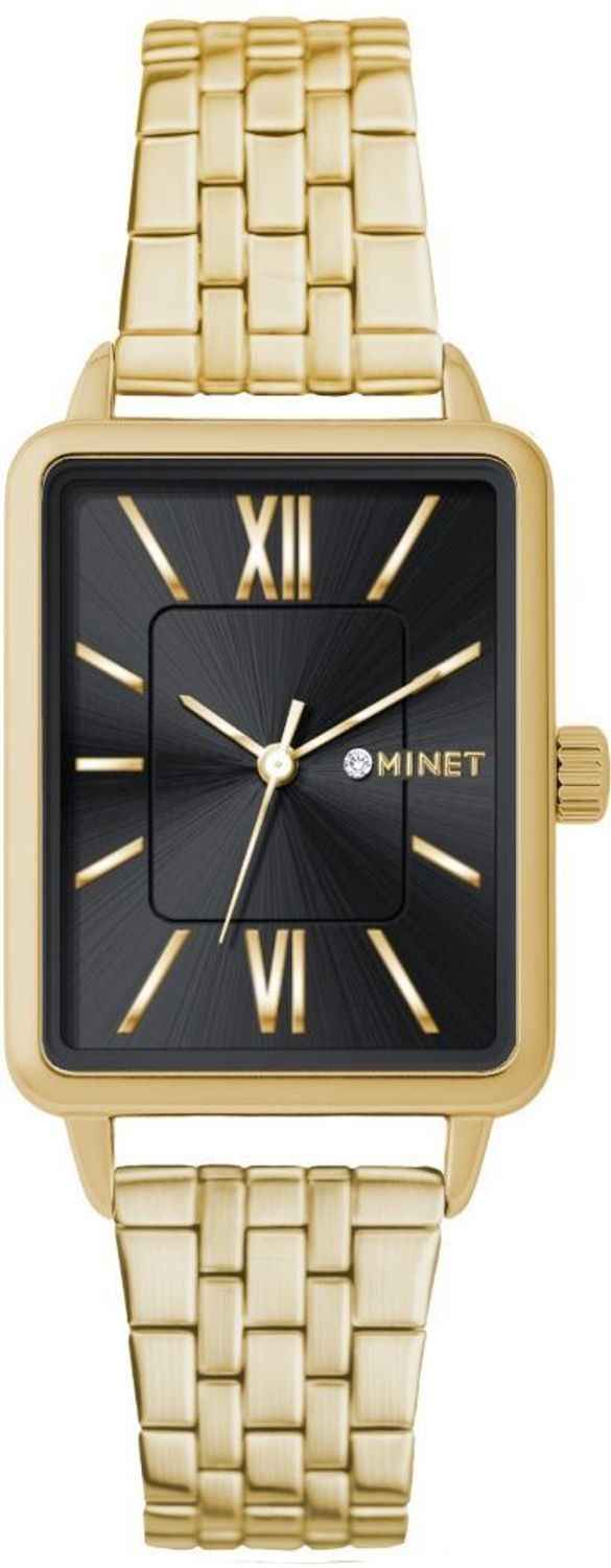 Minet MWL5423 to elegancki damski zegarek ze stali nierdzewnej z żółtym złoceniem i czarną tarczą z cyframi rzymskimi. Mechanizm kwarcowy Miyota, szkło mineralne, czeski kryształ, hipoalergiczna konstrukcja oraz wodoszcz12.jpg