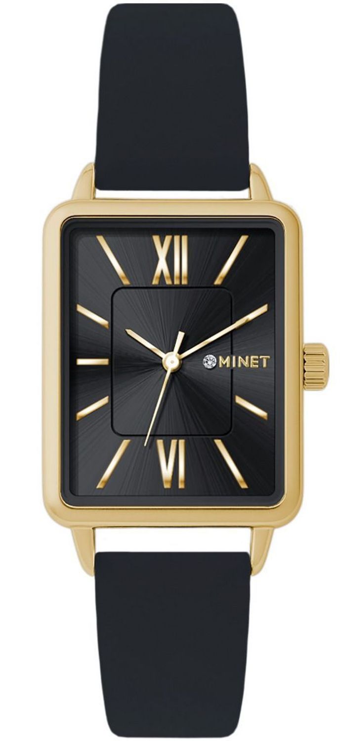 Stylowy zegarek damski MINET Siena MWL5425 z granatową tarczą, złotą kopertą i czarnym skórzanym paskiem. Hipoalergiczny, wodoszczelny, idealny na prezent.1.jpg