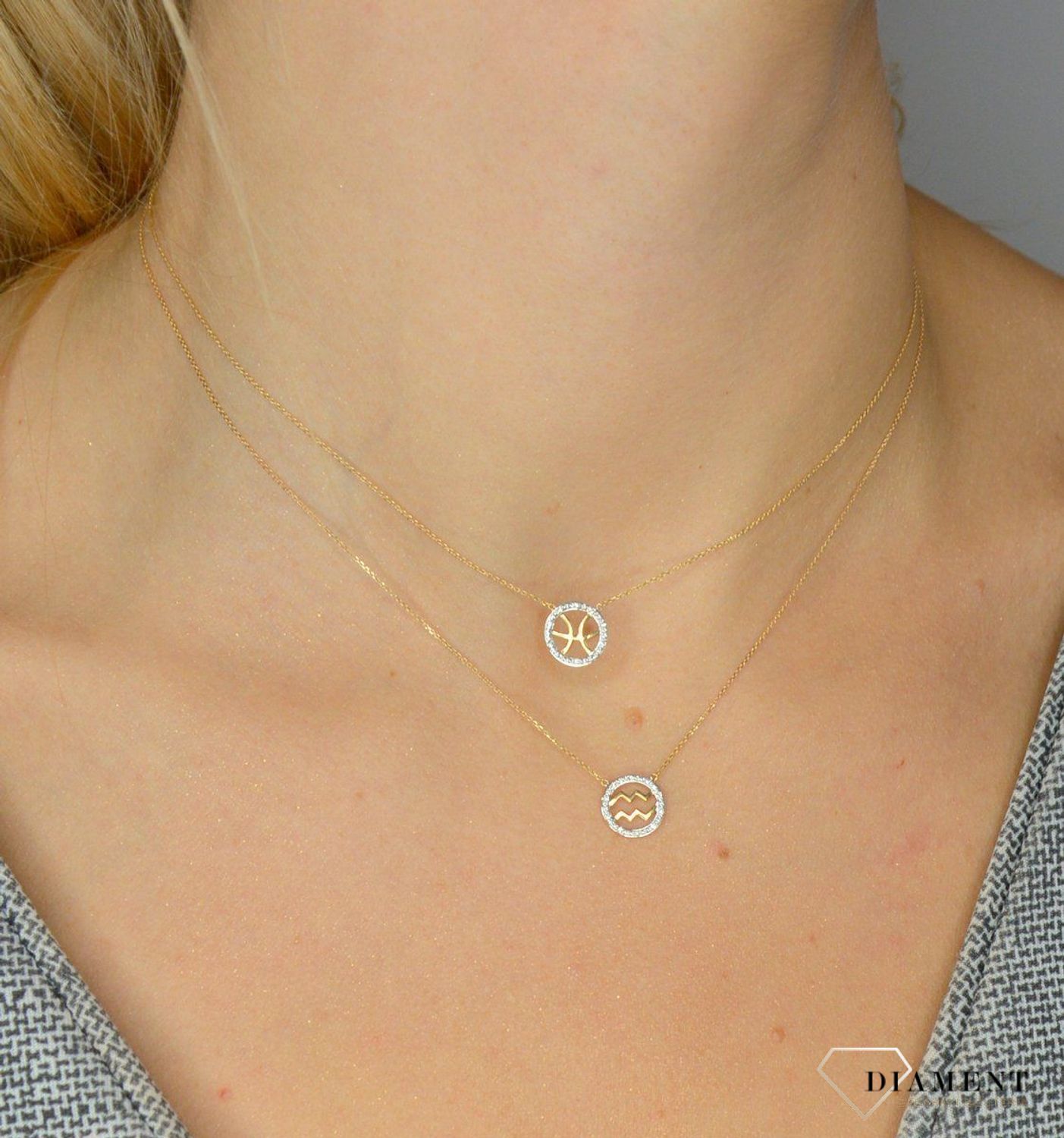 Złoty naszyjnik z brylantami znak zodiaku Wodnik N07637YC.jpg