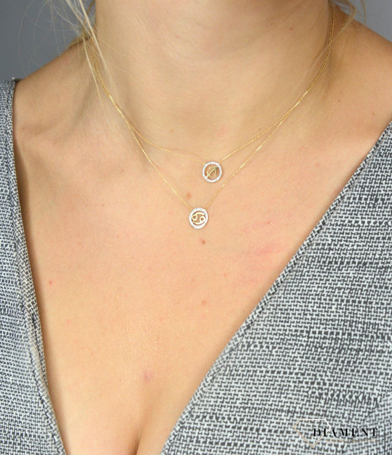 Złoty naszyjnik z brylantami znak zodiaku Rak N07638YC.jpg