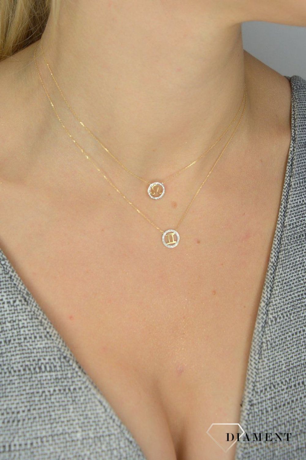 Złoty naszyjnik z brylantami znak zodiaku Bliźnięta N07643YC.jpg