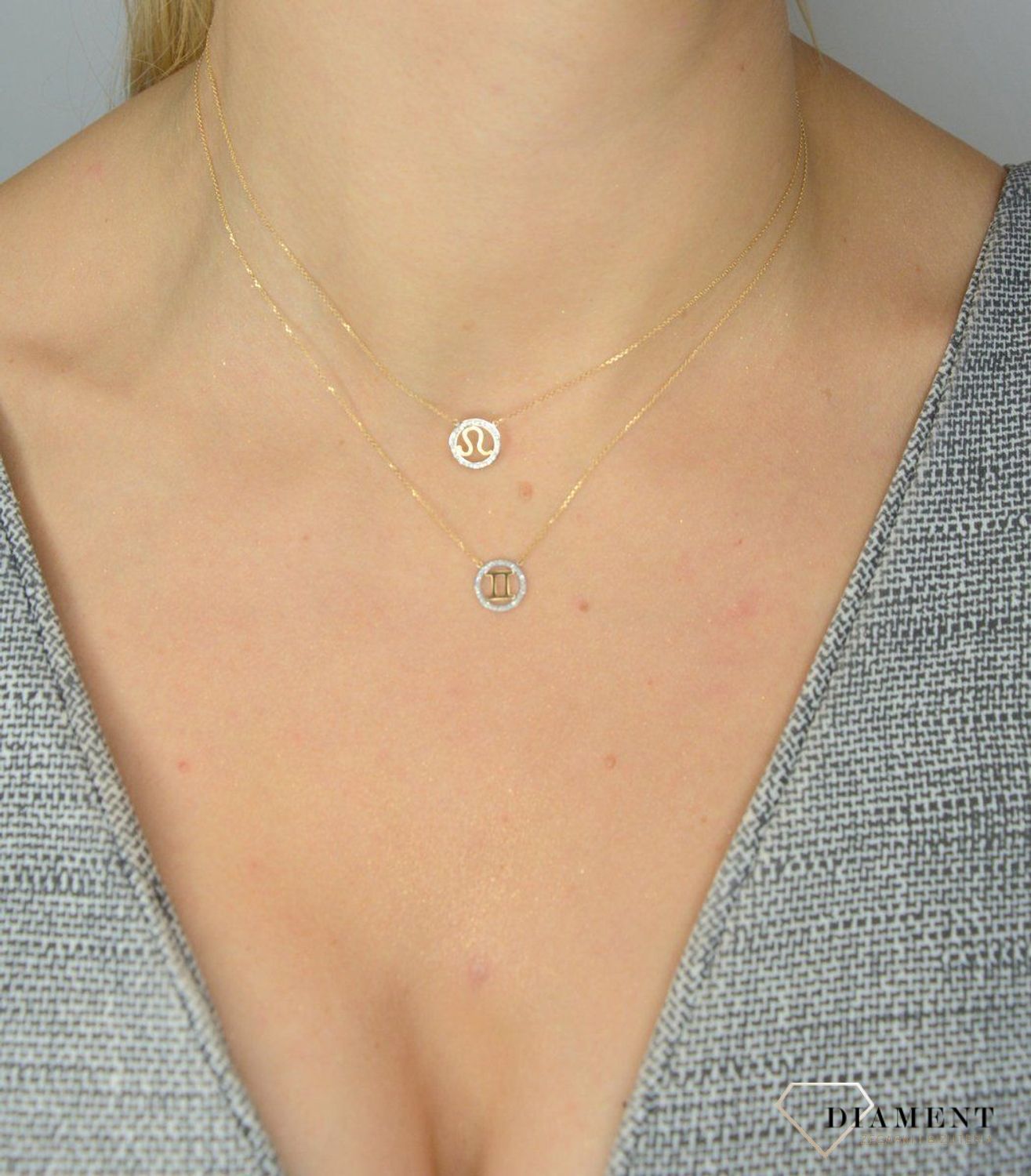 Złoty naszyjnik z brylantami znak zodiaku Bliźnięta N07643YC.jpg